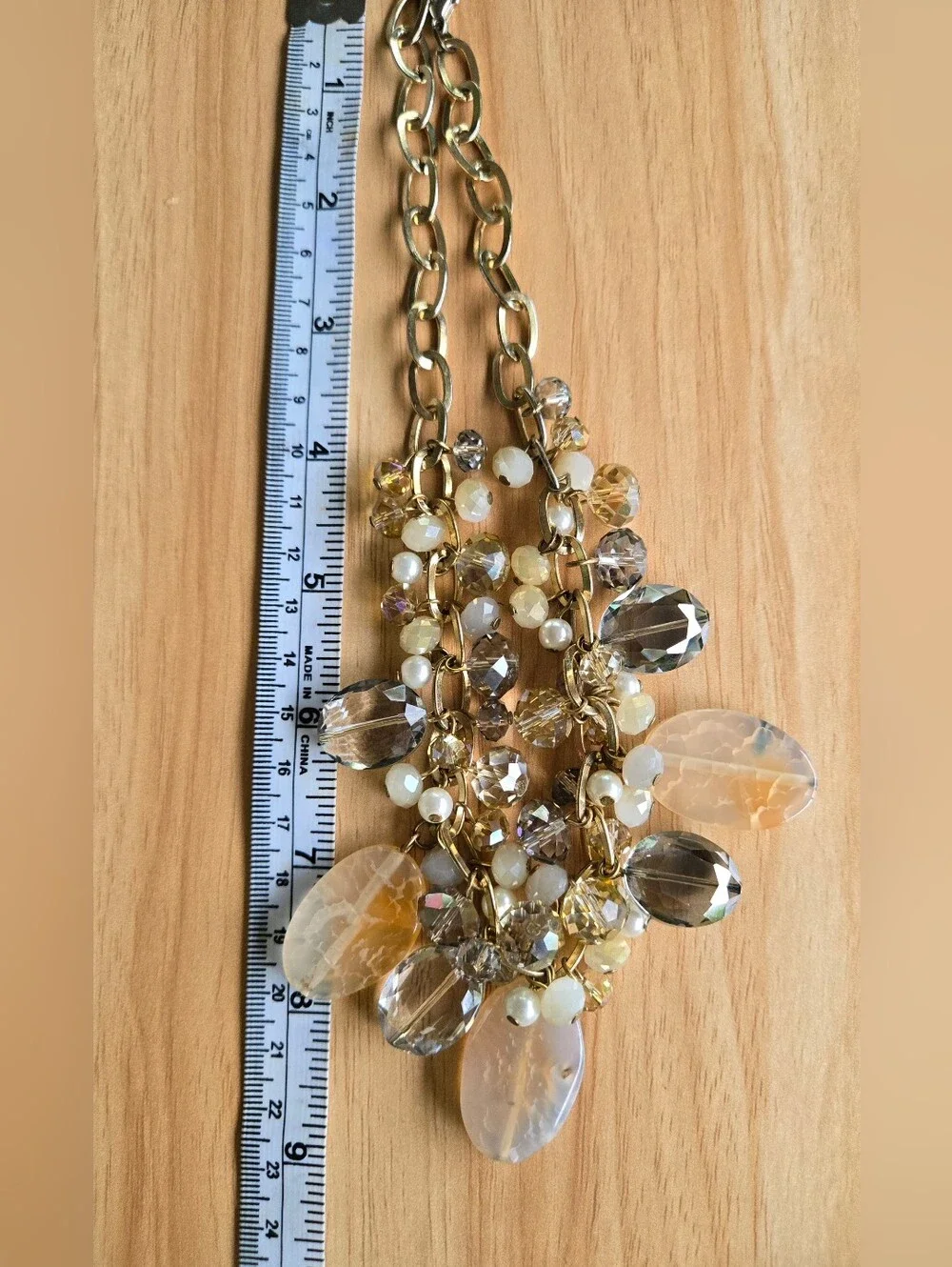 Gold-Tone Cluster Statement Necklace Agate Crystal Beads Peach Clear Smoky Grey